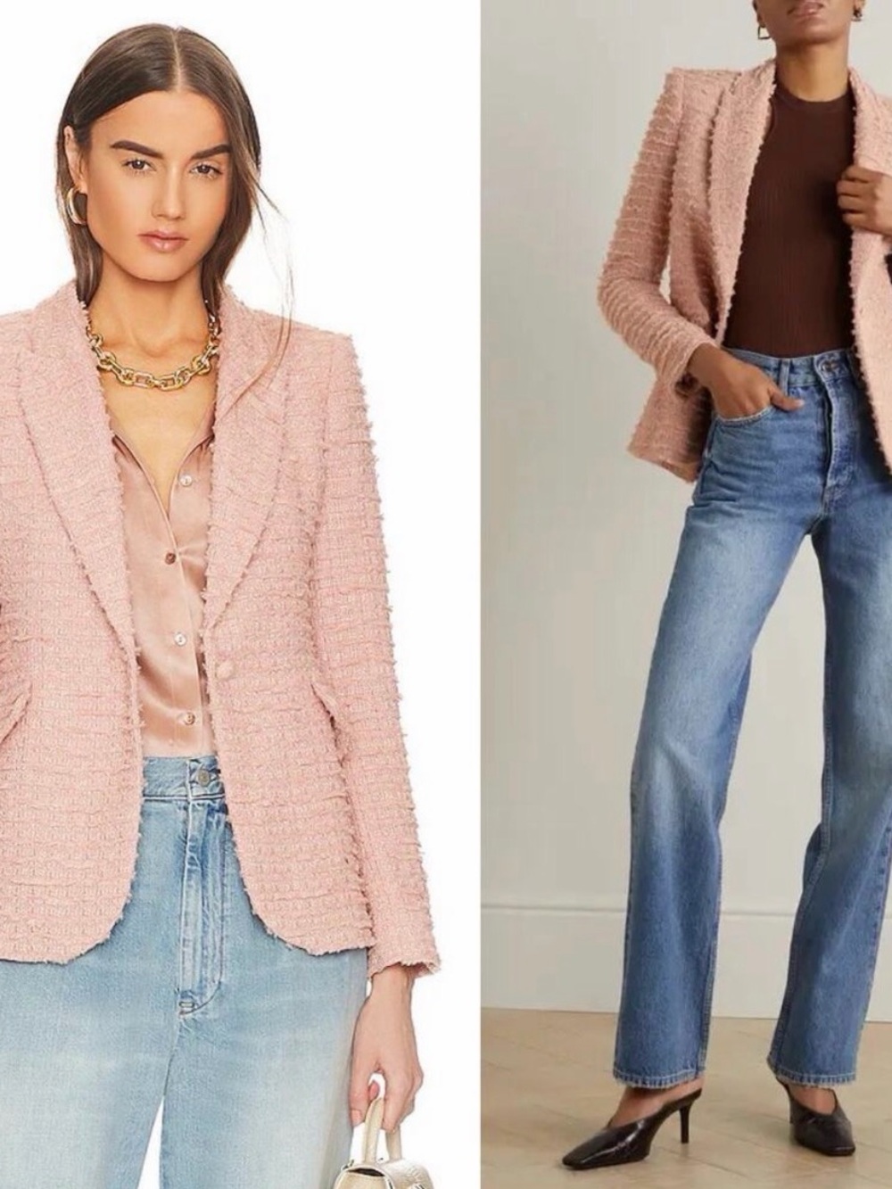 L'AGENCE Pink Bouclé Chamberlain Tweed, Textured Blazer. Dusty Pink, Size 12